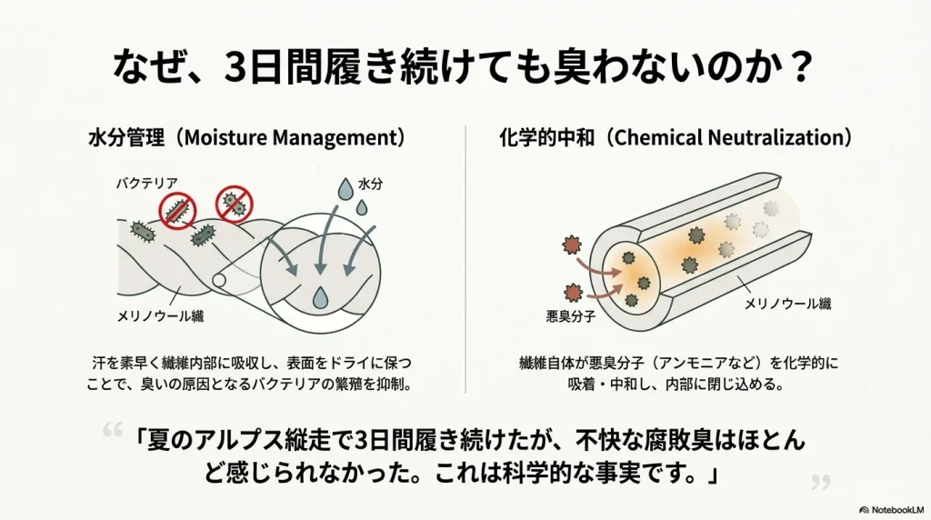汗を吸収してドライに保ちバクテリアの繁殖を抑制する様子と、悪臭分子を中和する繊維の図解