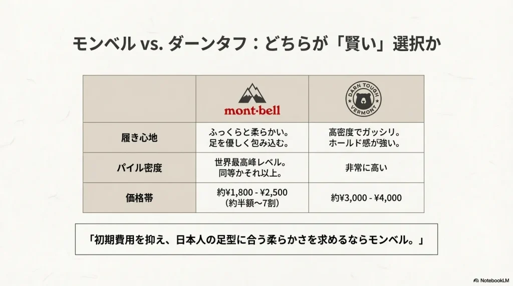 履き心地、パイル密度、価格帯で比較したモンベルとダーンタフ（Darn Tough）の違い