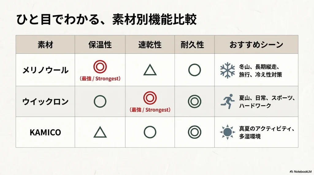 保温性、速乾性、耐久性を3つの素材（メリノウール、ウイックロン、KAMICO）で比較した一覧表