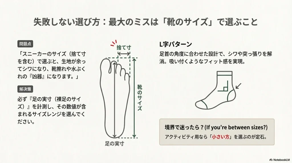 スニーカーサイズではなく足の実寸で選ぶ重要性と、足首の形状に合わせたL字パターンの図