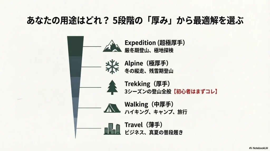 エクスペディションからトラベルまで、5段階の厚みと対応する登山シーン・気温の一覧