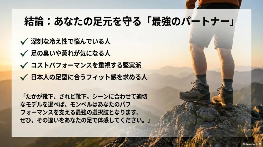冷え性、臭い対策、コスパ、フィット感など、ユーザーの悩み別におすすめするモンベル靴下のポイントまとめ