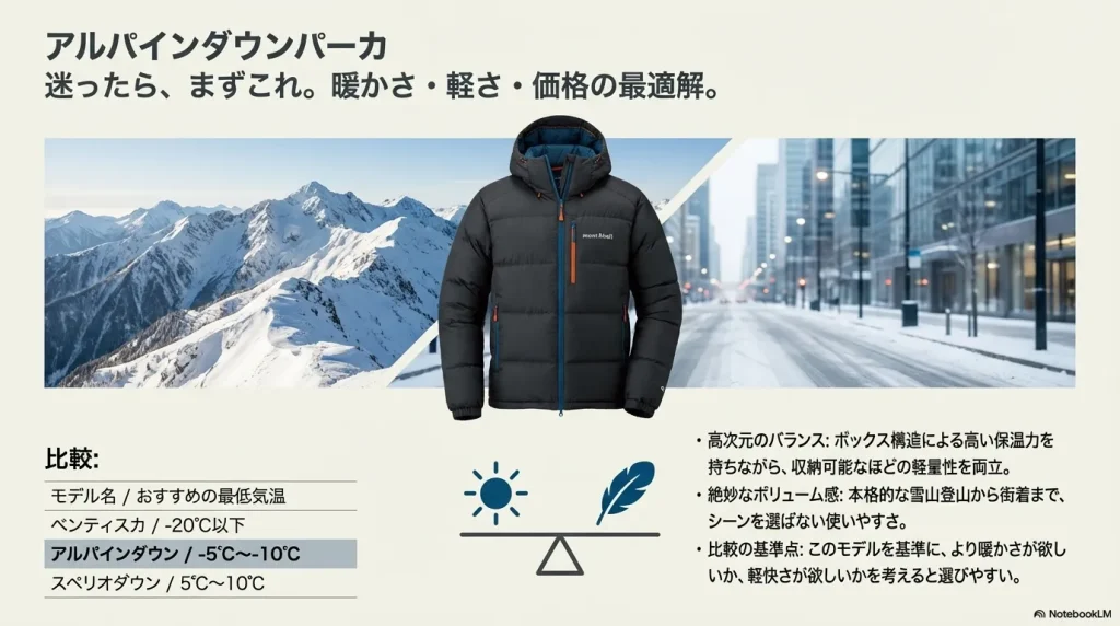 アルパインダウン、ベンティスカ、スペリオダウンの推奨最低気温の比較表。