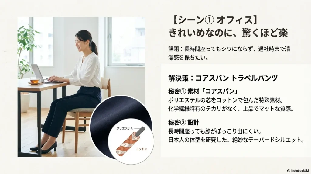 デスクワークでもシワになりにくく清潔感を保てる、ポリエステルをコットンで包んだコアスパン素材の仕組みとシルエットの解説