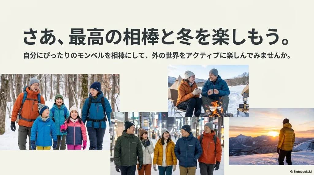 モンベルのダウンウェアを着用して冬の雪道を家族で歩く、アクティブなライフスタイルのイメージ。