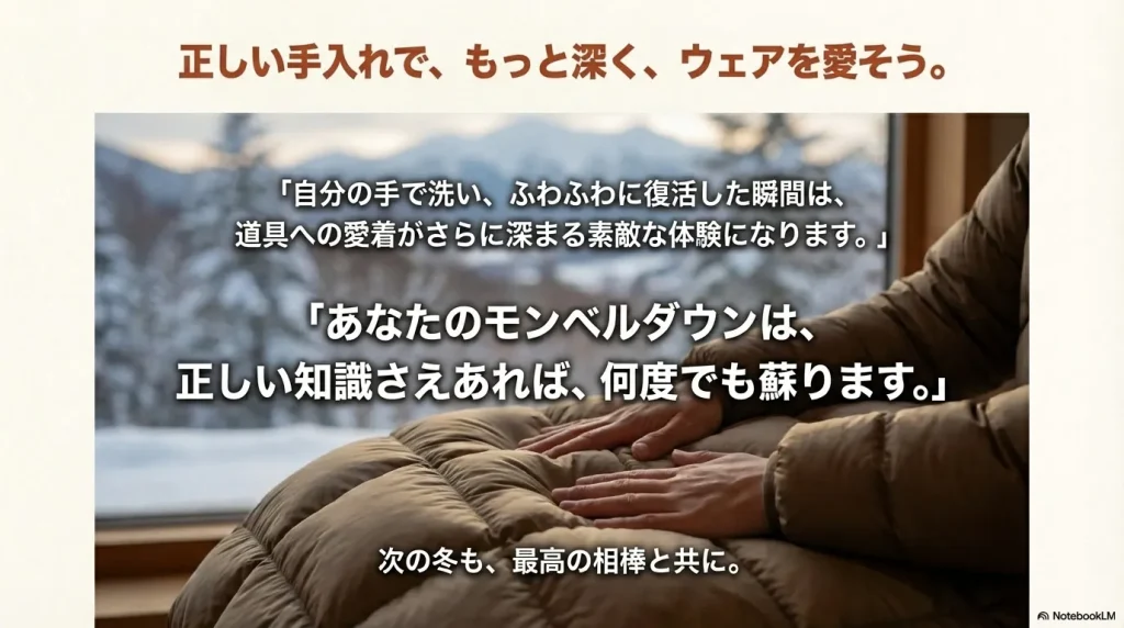 「あなたのモンベルダウンは、正しい知識さえあれば、何度でも蘇ります。」というメッセージ。