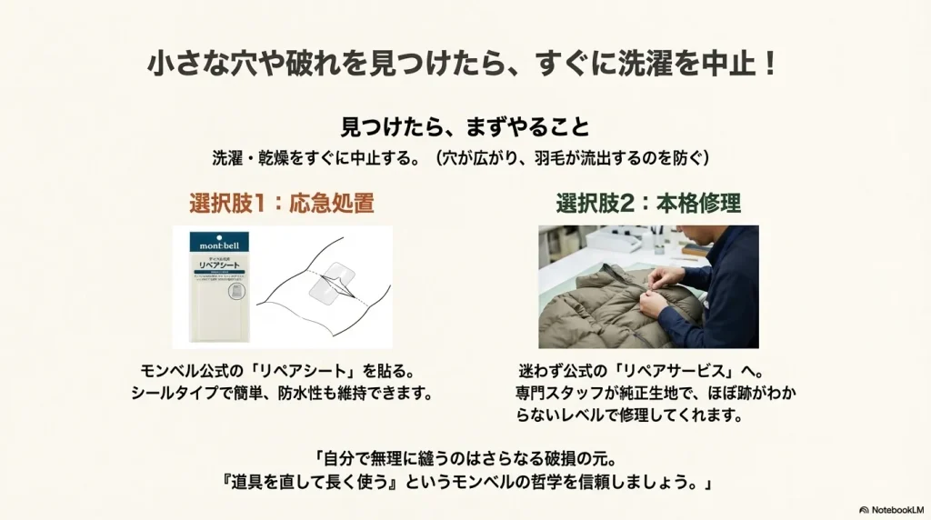 モンベル純正のリペアシートによる応急処置と、公式リペアサービスによる本格修理の紹介。