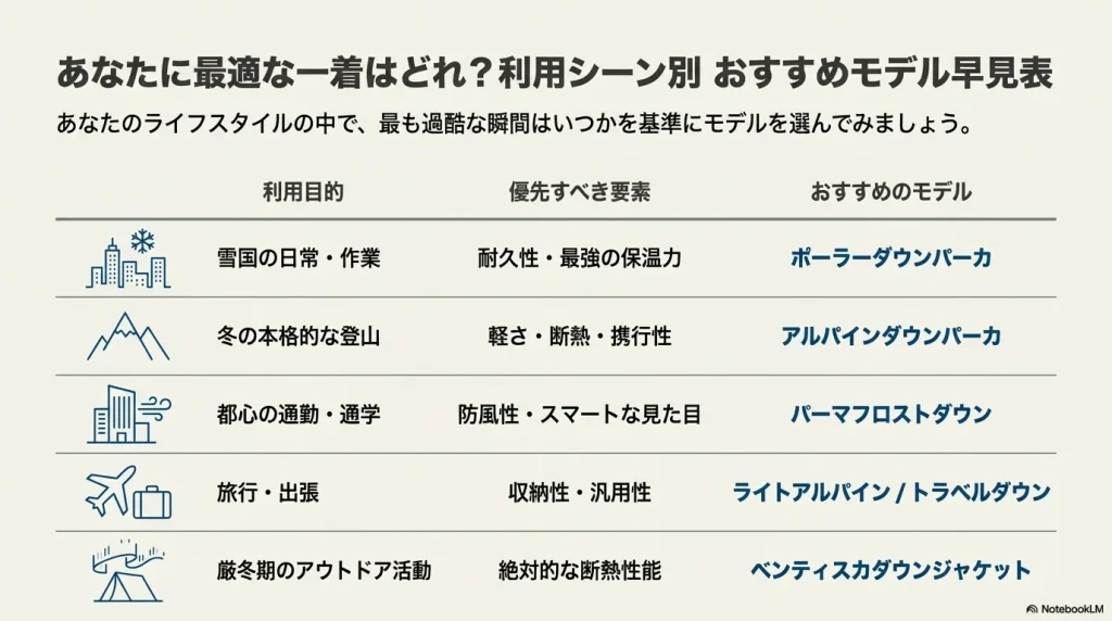 雪国、登山、都心、旅行、極寒地それぞれのシーンに適したモンベルダウンのモデル一覧表。