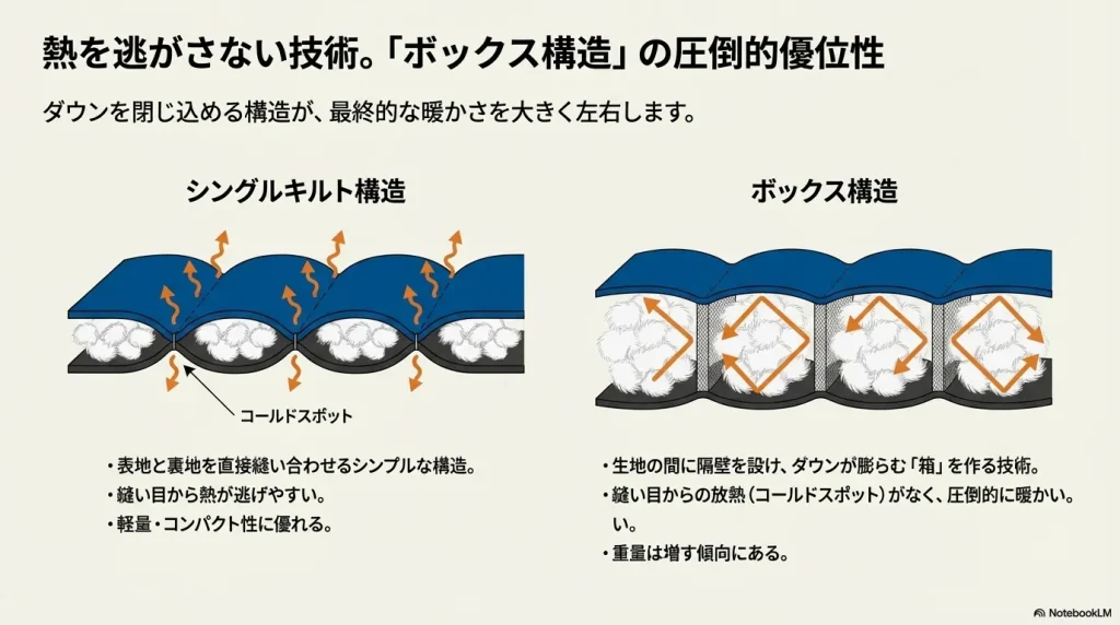 縫い目から熱が逃げるシングルキルト構造と、隔壁により熱を逃がさないボックス構造の断面比較図。