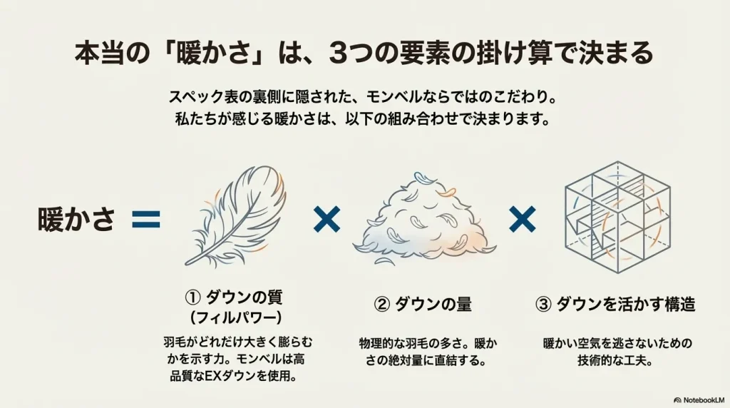 ダウンの質（フィルパワー）、ダウンの量、ダウンを活かす構造の3つが掛け合わさって暖かさが決まることを示す図解。
