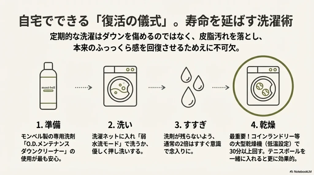 専用洗剤の使用や乾燥機でのテニスボール活用など、ダウンの寿命を延ばす洗濯術