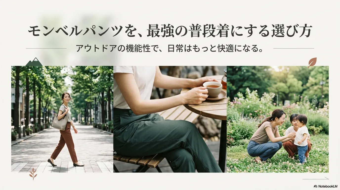 街歩きやカフェ、公園でモンベルのパンツをスマートに履きこなす女性のイメージ画像