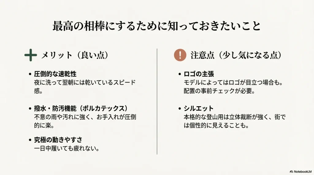 圧倒的な速乾性や撥水機能などの良い点と、ロゴの主張や登山用特有のシルエットなどの気になる点のまとめ