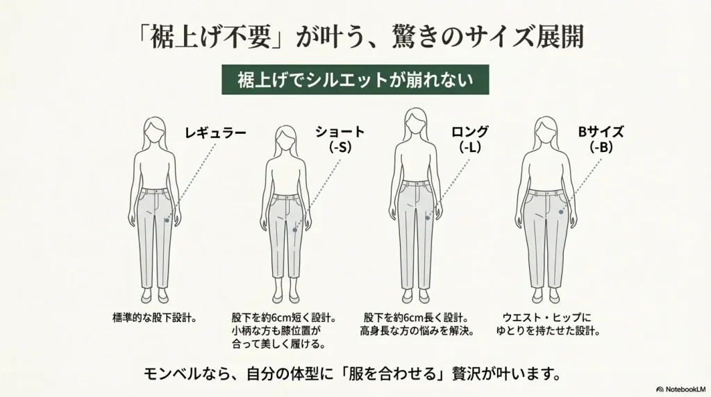 レギュラー、ショート、ロング、Bサイズといった、体型に合わせて股下の長さを選べるモンベル独自のサイズバリエーションの比較図