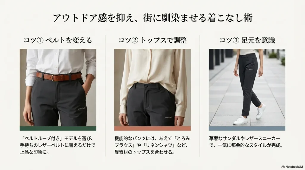 レザーベルトへの変更、異素材トップスの活用、レザースニーカーの合わせ方など、アウトドア感を抑える3つのコツ