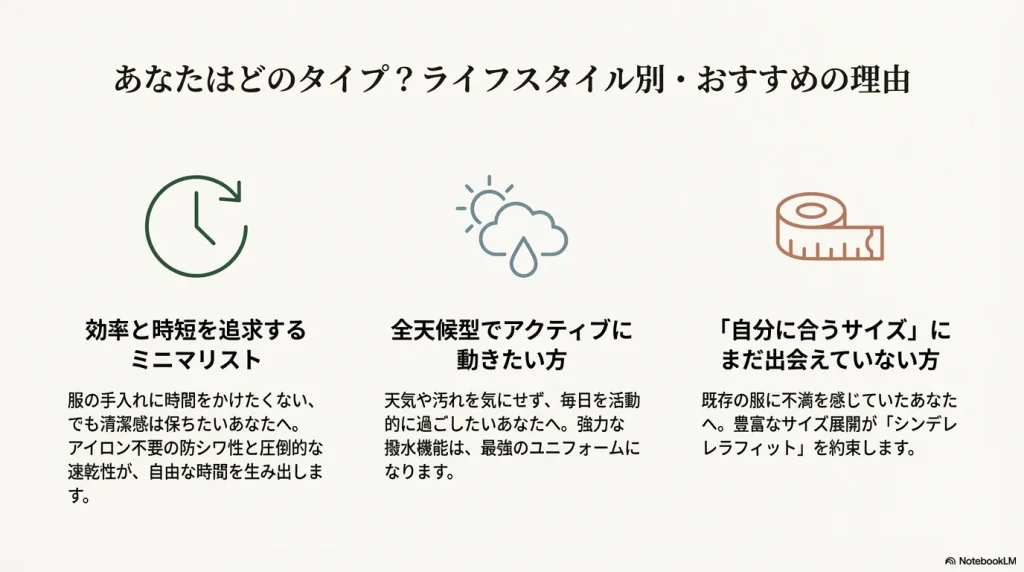 ミニマリスト、全天候型アクティブ派、自分に合うサイズが見つからない方など、タイプ別の推奨理由