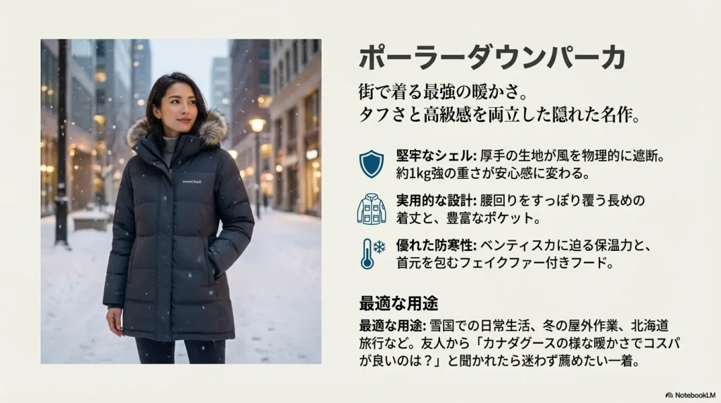 堅牢なシェルと長い着丈を持ち、雪国の日常生活や冬の旅行に最適なポーラーダウンパーカの紹介。