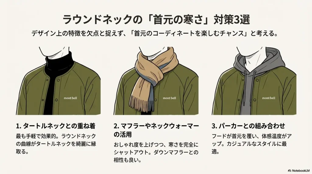 タートルネック、マフラー、パーカーを組み合わせた首元の防寒コーディネート例