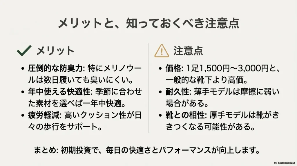 防臭力や快適性のメリットと、価格や耐久性に関する注意点のまとめ