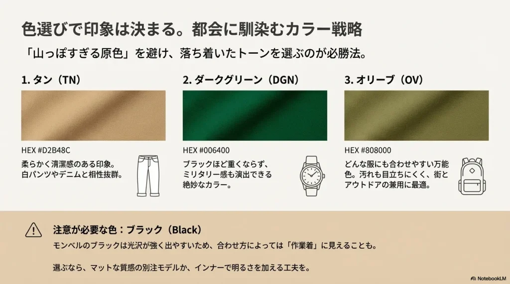 タン、ダークグリーン、オリーブなど、街着としておすすめのカラーとブラックの注意点