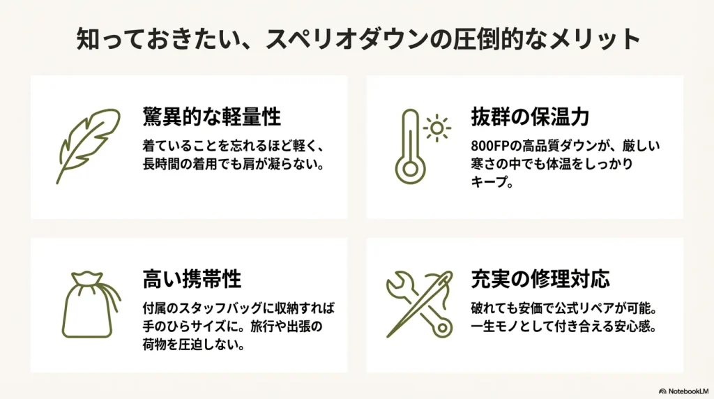 軽量性、保温力、携帯性、修理対応というモンベル製品の強みを示すアイコン図解