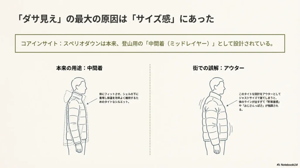 登山用中間着として設計されたタイトなシルエットと街着での誤解を解説する図解