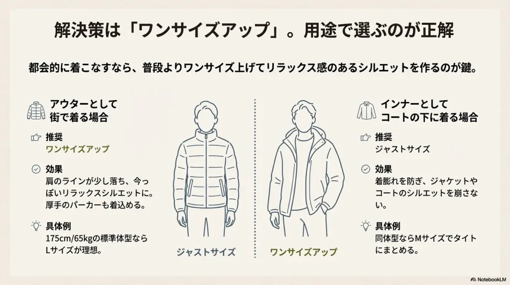 アウター用はワンサイズアップ、インナー用はジャストサイズを推奨する比較イラスト