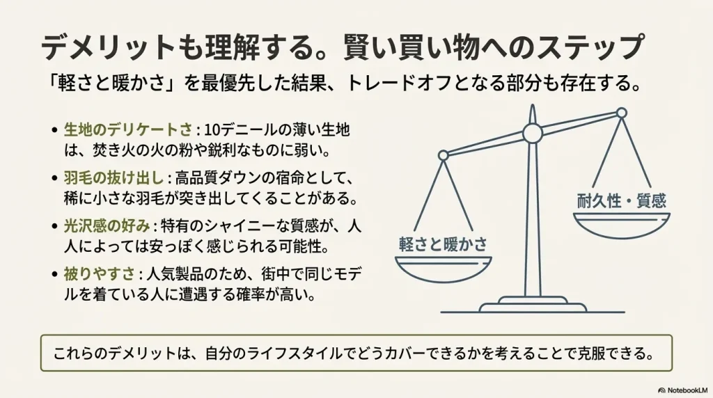 軽さと暖かさを優先した結果生じる、生地の弱さや光沢感などのデメリット解説