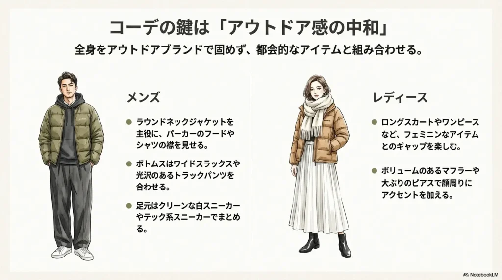 ロングスカートとスペリオダウンを合わせた女性のコーディネート例と中和のポイント