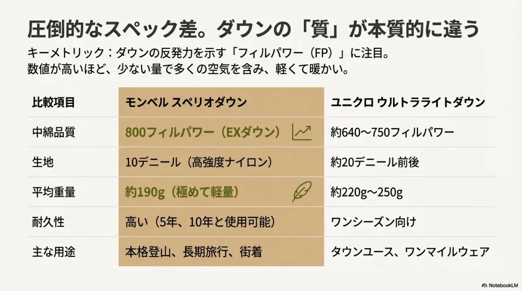 800FPと640FPの差や生地のデニール数など、モンベルとユニクロのダウン性能比較表