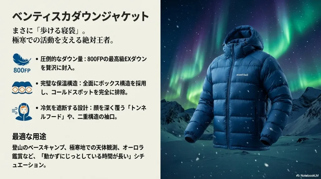 800フィルパワーのダウン量とボックス構造を備えた、極寒地での停滞に適したベンティスカダウンジャケットの解説。