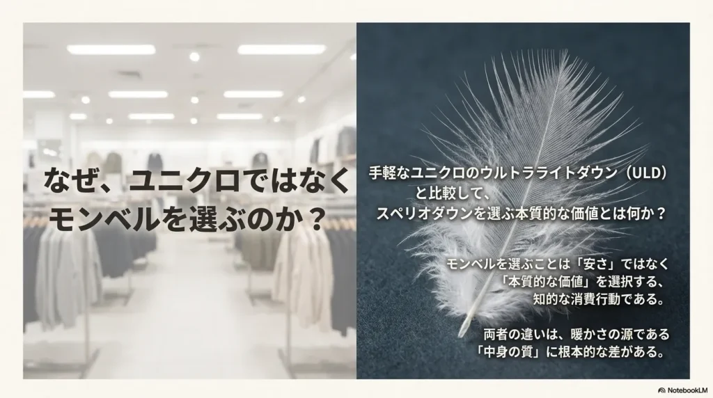 ユニクロULDとモンベルスペリオダウンの本質的な価値の差を説明するスライド