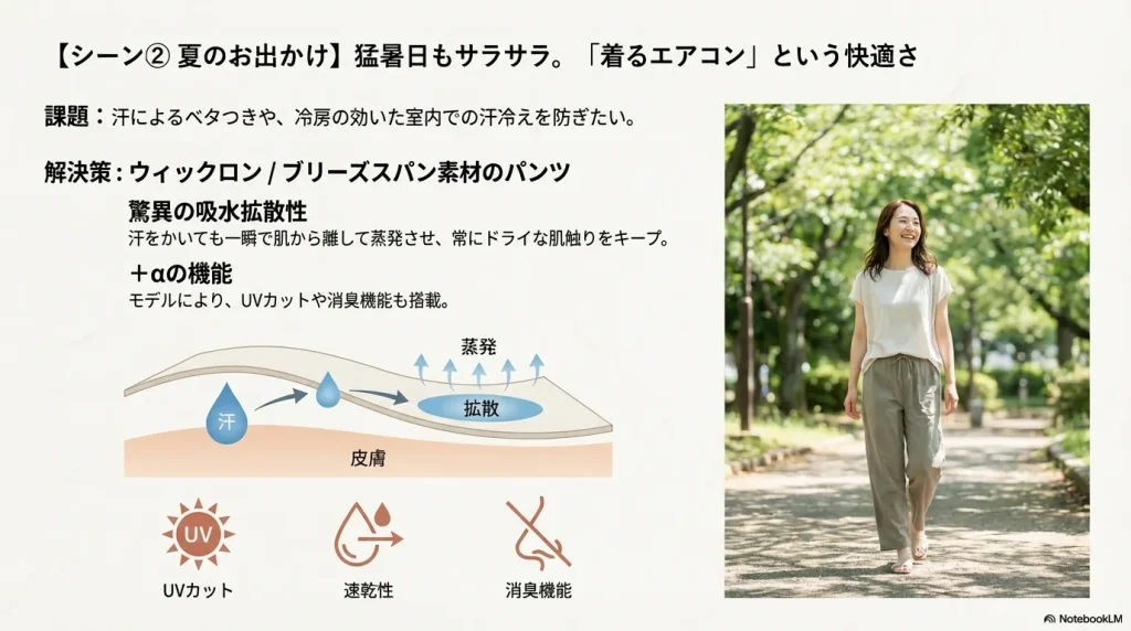 汗を一瞬で蒸発させ、ドライな肌触りをキープするウィックロン素材の吸水拡散の仕組みとUVカット機能の紹介
