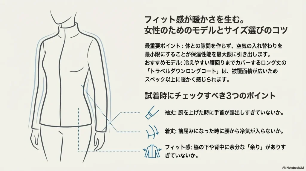 体との隙間をなくすための袖丈・着丈・フィット感の試着時チェックポイントの解説。