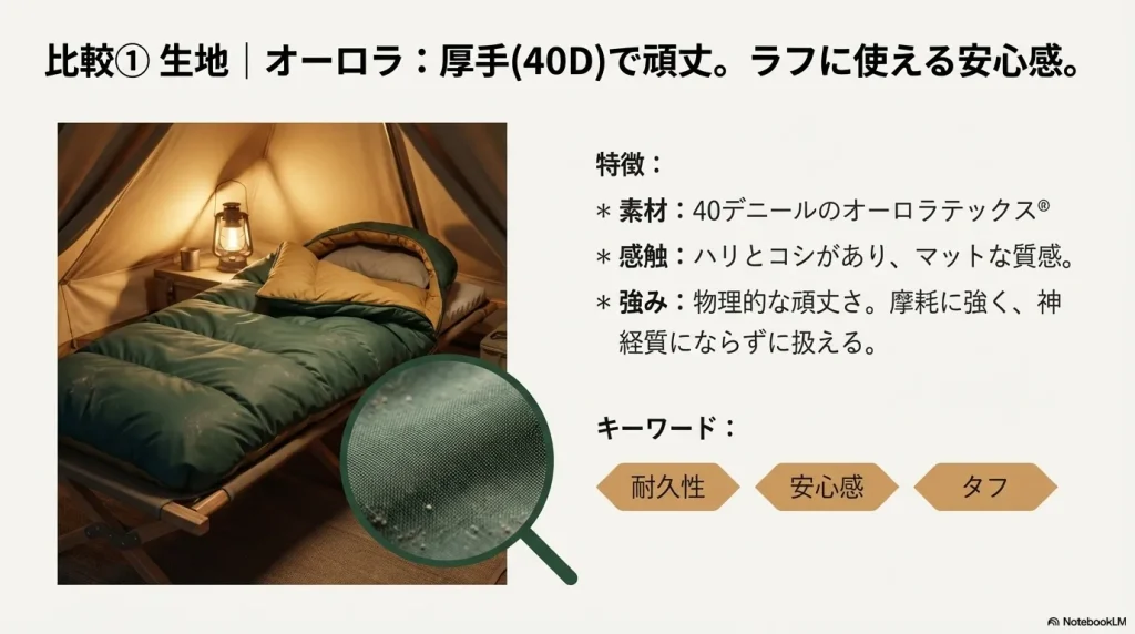 オーロラの生地表面の拡大図。40デニールの厚手生地による頑丈さとマットな質感、ラフに使える安心感を解説したスライド。