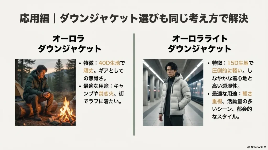 頑丈で焚き火に向くオーロラダウンジャケットと、軽量で都会的なスタイルのオーロラライトダウンジャケットの利用シーン比較画像。
