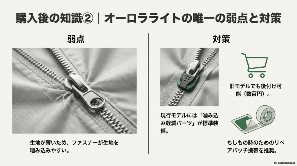 薄い生地特有のファスナー噛み込みトラブルの様子と、その対策となる噛み込み軽減パーツやリペアパッチの紹介画像。