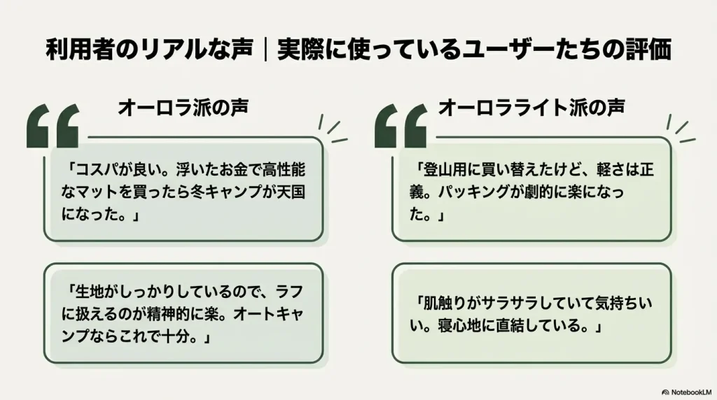 コスパとタフさを評価するオーロラユーザーの声と、軽さと寝心地を評価するオーロラライトユーザーの声の比較スライド。