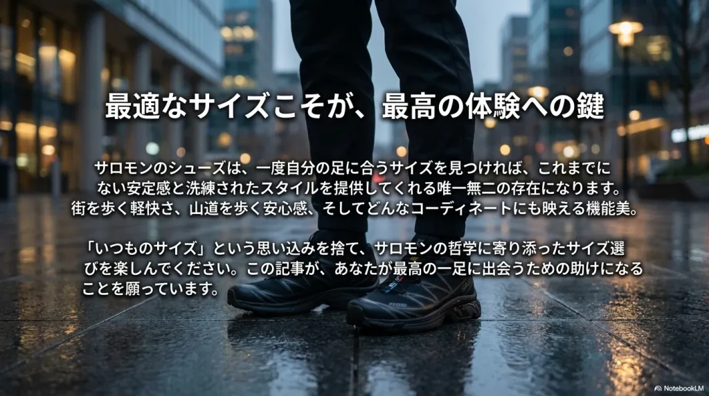 「最適なサイズこそが、最高の体験への鍵」というメッセージと、サロモンの哲学に寄り添ったサイズ選びを促す結びのスライド