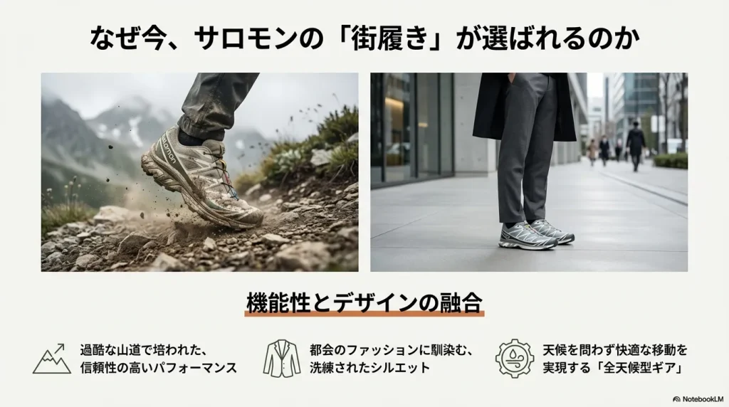 山道を歩くサロモンと、都会の街角に馴染むサロモンの比較画像。機能性とデザインの融合を表現