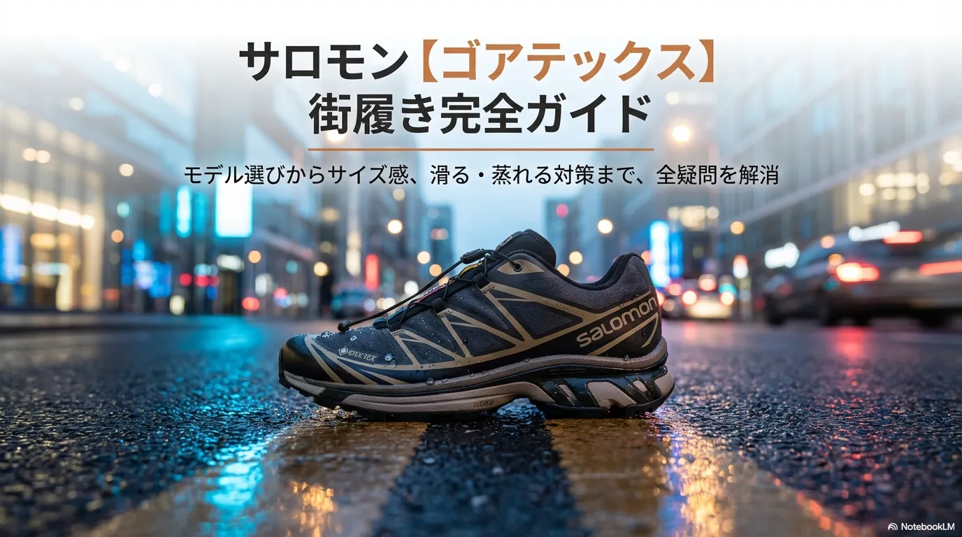 サロモンのゴアテックスシューズを街履きするための完全ガイド表紙。モデル選び、サイズ感、滑る・蒸れる対策の文字