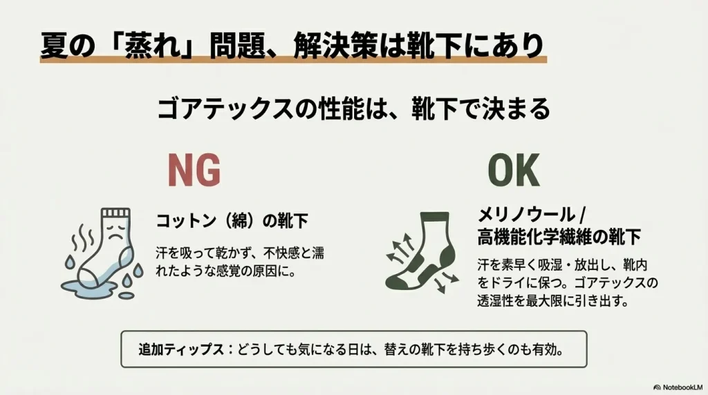 コットン靴下（NG）とメリノウール・高機能化繊靴下（OK）の湿気放出の違いを説明した図解。