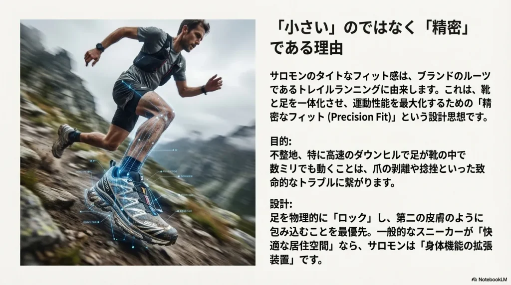 山道を走るランナーの足元と、足を物理的にロックして運動性能を最大化させる「精密なフィット」の解説スライド