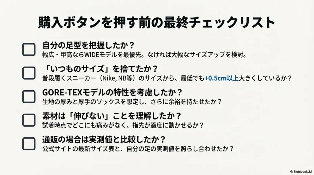 足型、サイズアップの有無、ゴアテックス特性、素材の伸びなさなど、購入ボタンを押す前に確認すべき5項目をまとめたスライド