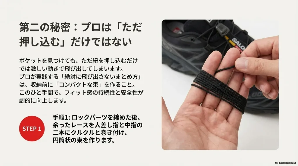 余ったレースを人差し指と中指に巻き付けて、収納しやすい束を作る様子。