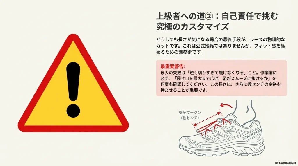 紐をカットする前に、履き口を最大に広げても足が抜けるかを確認するよう促す警告画像。
