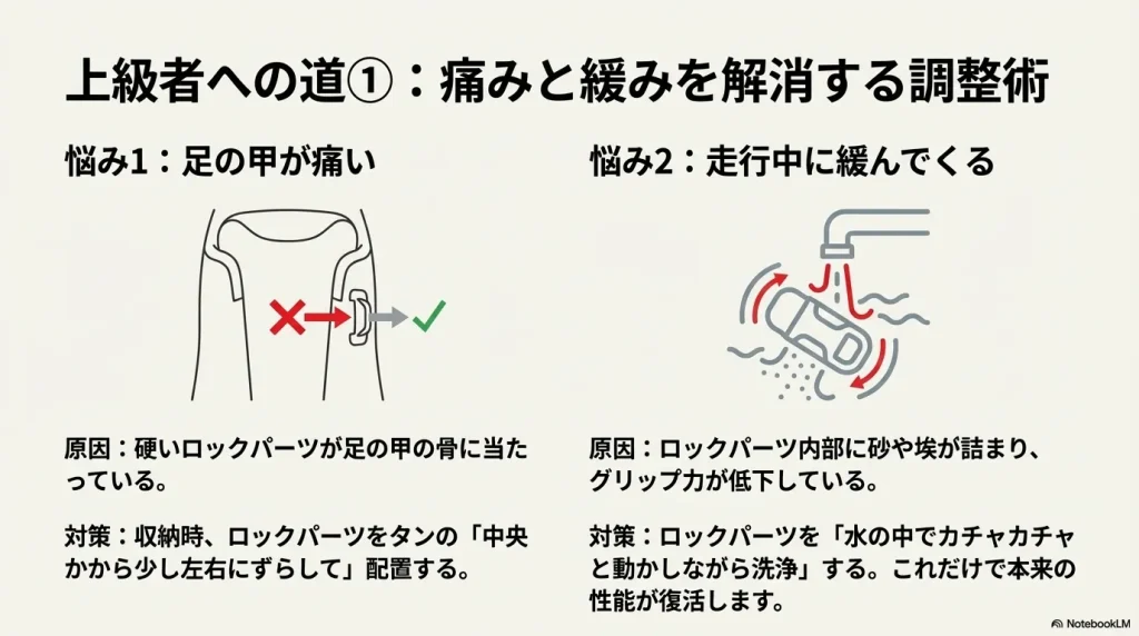 ロックパーツを左右にずらして配置するコツと、水中でパーツを洗浄するメンテナンス方法の図解。