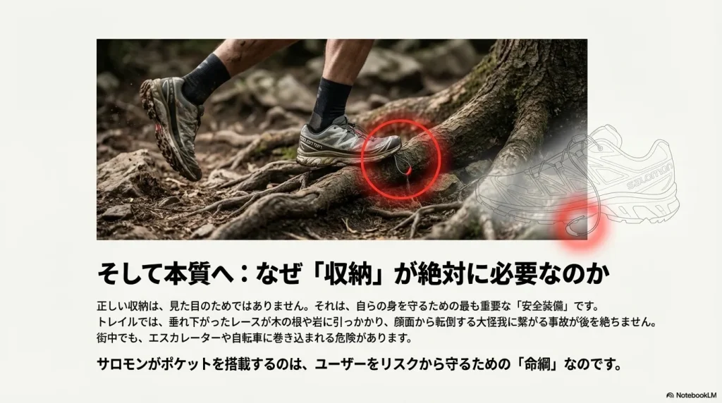 垂れ下がったレースが木の根に引っかかる危険性を示した、事故防止のための警告イメージ。