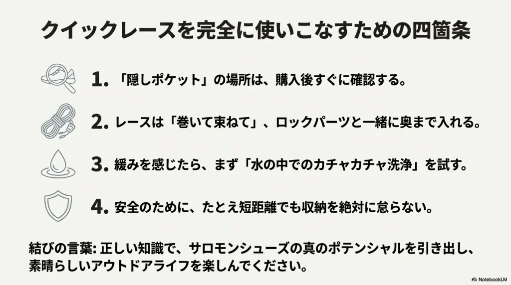 収納・洗浄・安全確認など、サロモンシューズの性能を引き出すための4つの重要ポイントのまとめ。