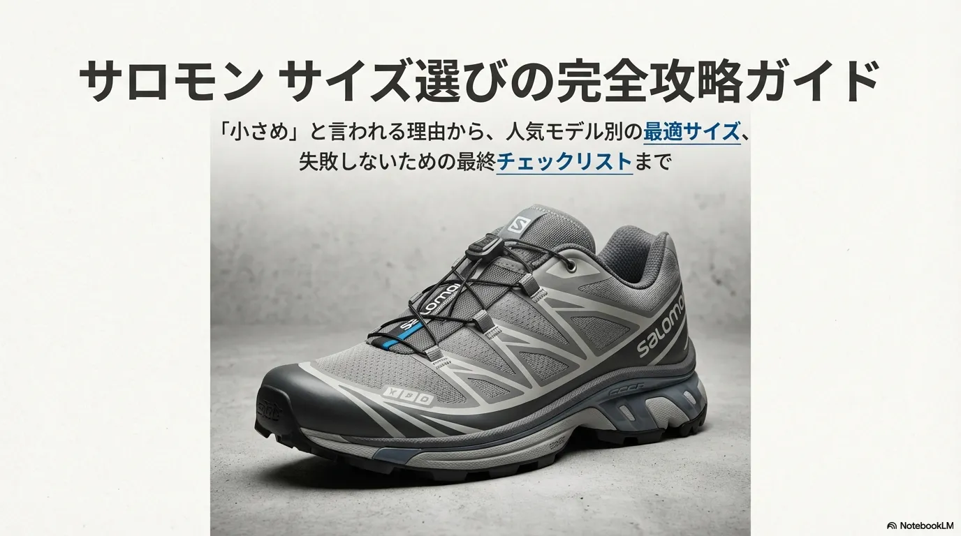 サロモンのトレイルランニングシューズの画像と「サイズ選びの完全攻略ガイド」というタイトルのスライド